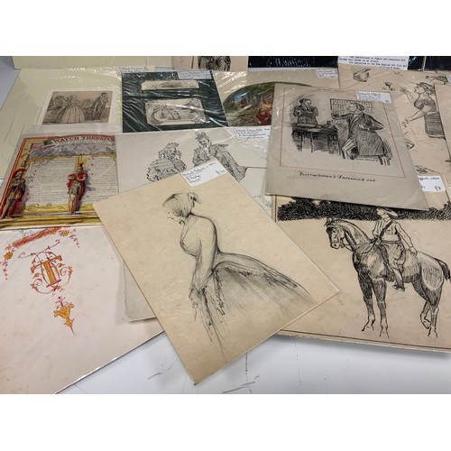 216 - A folio of mostly 19th century figurative studies, pencil, ink sketches, some with watercolour wash ... 