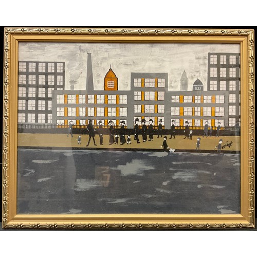 218 - ‘Grandpa Roberts’, Homage to L. S. Lowry, Textile Town, Figures in an industrial landscape, signed, ... 