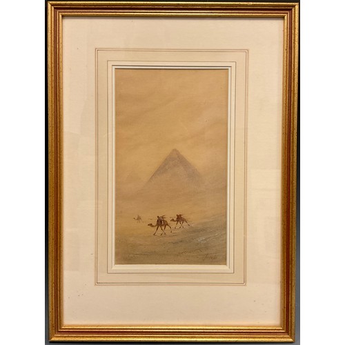 220 - Victorian School, Travels in Egypt, Camel riders near Giza, signed, watercolour, 29cm x 17cm.