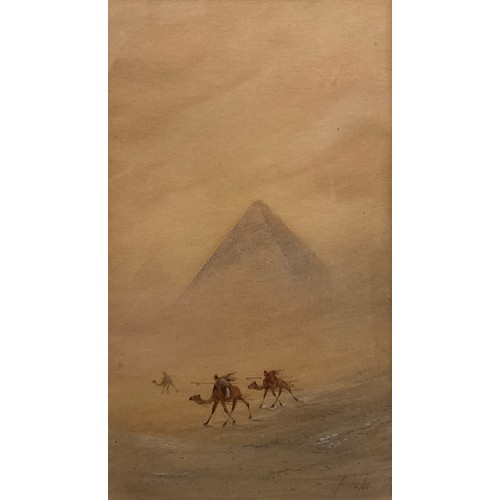 220 - Victorian School, Travels in Egypt, Camel riders near Giza, signed, watercolour, 29cm x 17cm.