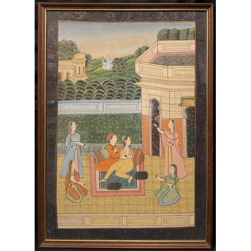 221 - Indian school, A Mughal type painting on silk, Attending the lovers, 76cm x 54cm.