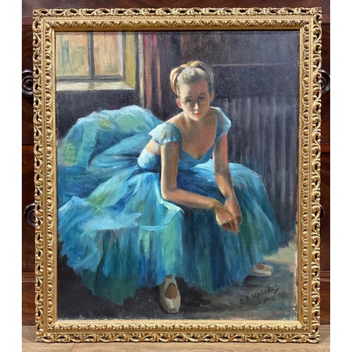 87 - B.A. Haggard  
Seated Ballerina  
signed, oil on canvas, label to verso, gilt frame, 60cm x 50cm