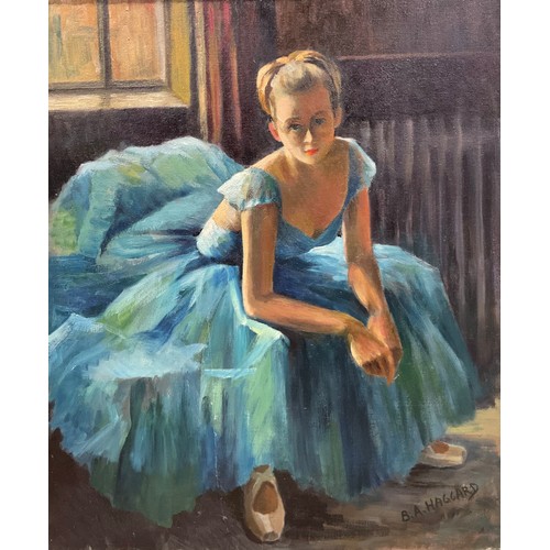 87 - B.A. Haggard  
Seated Ballerina  
signed, oil on canvas, label to verso, gilt frame, 60cm x 50cm