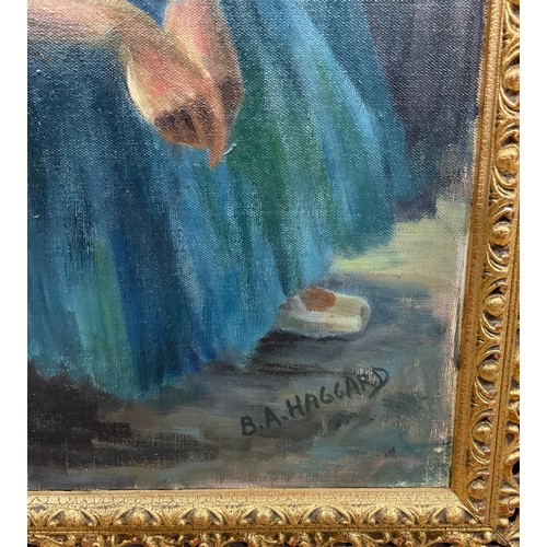 87 - B.A. Haggard  
Seated Ballerina  
signed, oil on canvas, label to verso, gilt frame, 60cm x 50cm