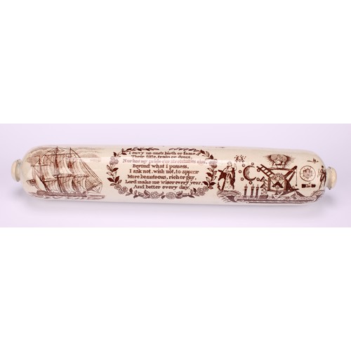 49 - A Sunderland Masonic rolling pin, printed in sepia tones, I envy no one's birth or fame..., with tal... 