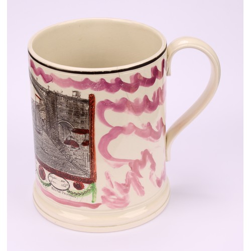 47 - A Sunderland lustre frog mug, J Phillips, Hilton Pottery, printed in monochrome, picked out in pink ... 