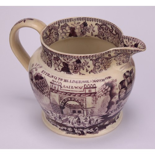 38 - A Liverpool pearlware jug, bat printed in puce with The Entrance To The Manchester to Liverpool Rail... 