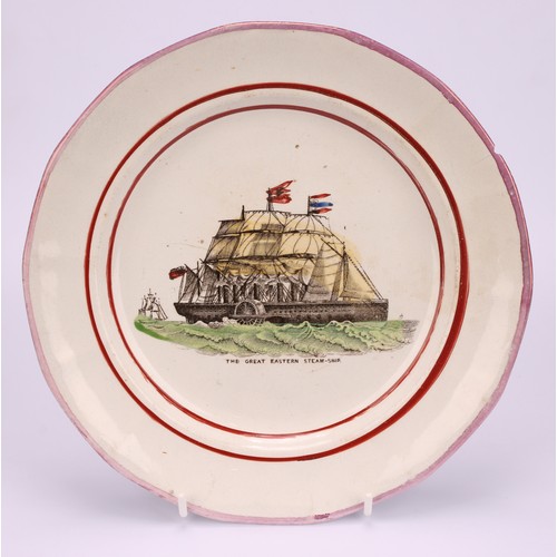 48 - A Sunderland lustre prattware plate, The Great Eastern Steam-Ship, printed in sepia tones, picked ou... 