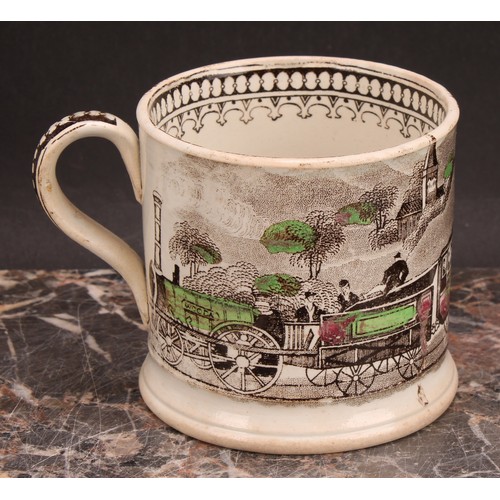 58 - Railway Interest - a 19th century Staffordshire pearlware mug, printed in sepia tones, picked out in... 