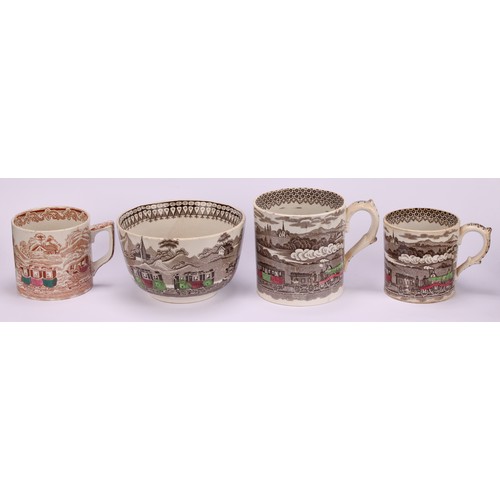 63 - Railway Interest - steam locomotives, a 19th century Staffordshire pearlware mug, printed in sepia t... 