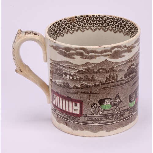 63 - Railway Interest - steam locomotives, a 19th century Staffordshire pearlware mug, printed in sepia t... 