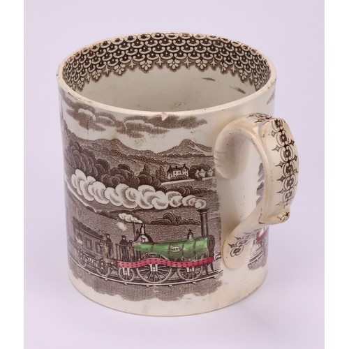 63 - Railway Interest - steam locomotives, a 19th century Staffordshire pearlware mug, printed in sepia t... 