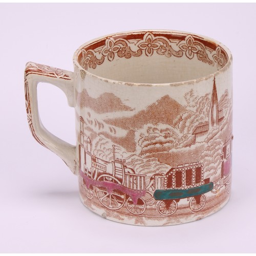 63 - Railway Interest - steam locomotives, a 19th century Staffordshire pearlware mug, printed in sepia t... 