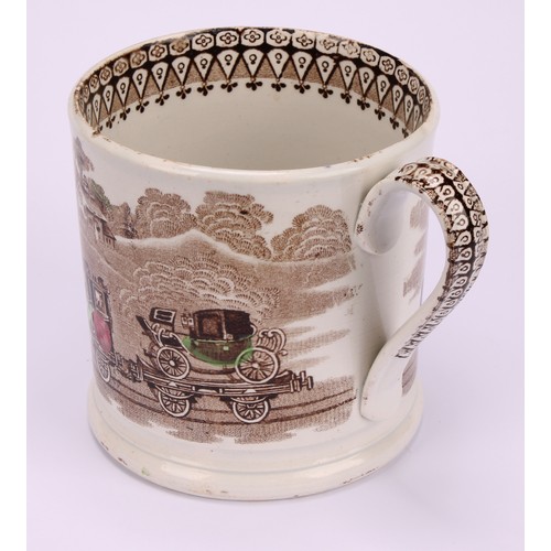61 - Railway Interest - steam locomotives, a 19th century Staffordshire pearlware mug, printed in sepia t... 