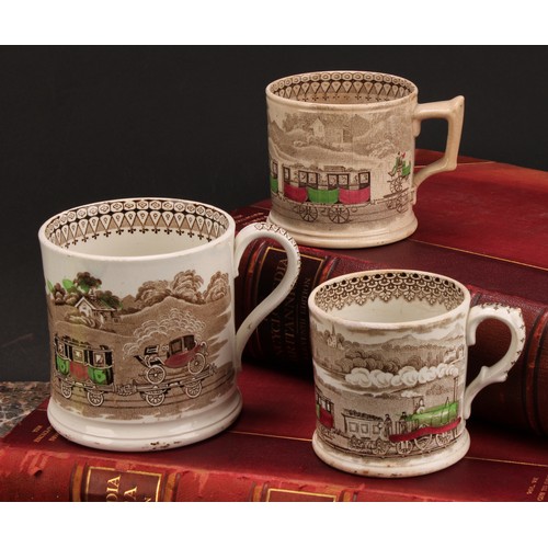 64 - Railway Interest - steam locomotives, a 19th century Staffordshire pearlware mug, printed in sepia t... 