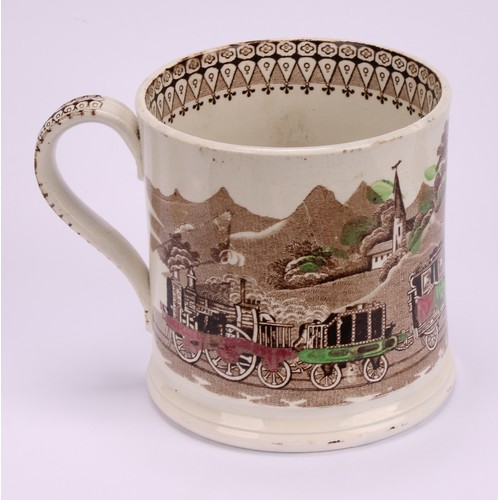 64 - Railway Interest - steam locomotives, a 19th century Staffordshire pearlware mug, printed in sepia t... 