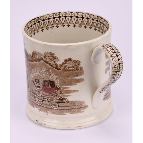 64 - Railway Interest - steam locomotives, a 19th century Staffordshire pearlware mug, printed in sepia t... 