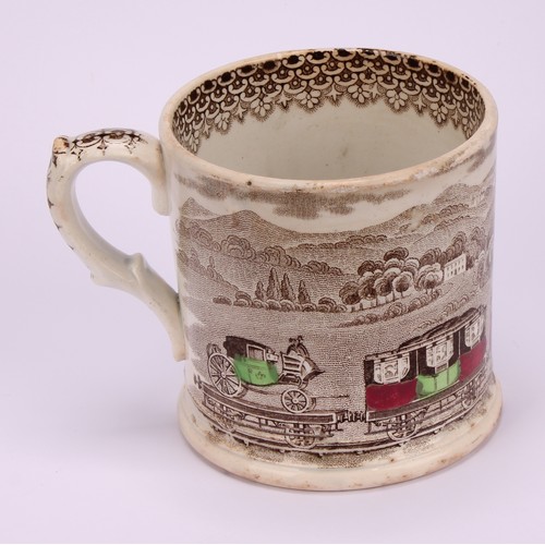 64 - Railway Interest - steam locomotives, a 19th century Staffordshire pearlware mug, printed in sepia t... 