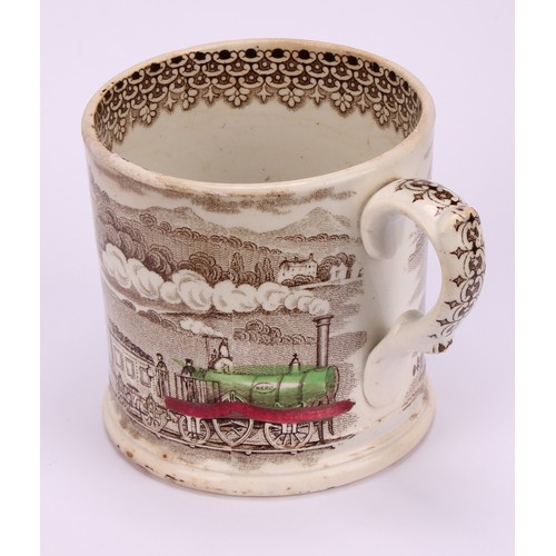 64 - Railway Interest - steam locomotives, a 19th century Staffordshire pearlware mug, printed in sepia t... 