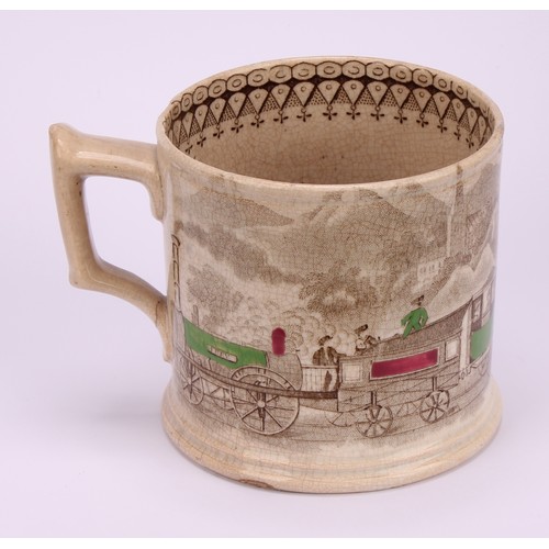 64 - Railway Interest - steam locomotives, a 19th century Staffordshire pearlware mug, printed in sepia t... 