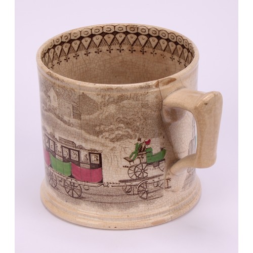 64 - Railway Interest - steam locomotives, a 19th century Staffordshire pearlware mug, printed in sepia t... 