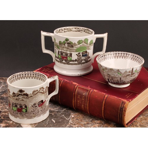 65 - Railway Interest - steam locomotives, a 19th century Staffordshire pearlware two handled loving cup,... 