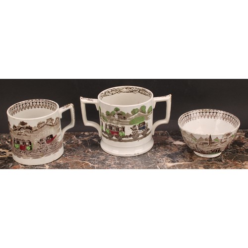 65 - Railway Interest - steam locomotives, a 19th century Staffordshire pearlware two handled loving cup,... 