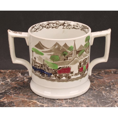 65 - Railway Interest - steam locomotives, a 19th century Staffordshire pearlware two handled loving cup,... 