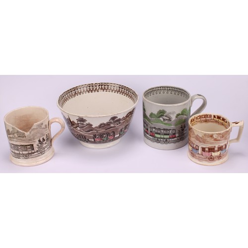 62 - Railway Interest - steam locomotives, a 19th century Staffordshire pearlware mug, printed in sepia t... 