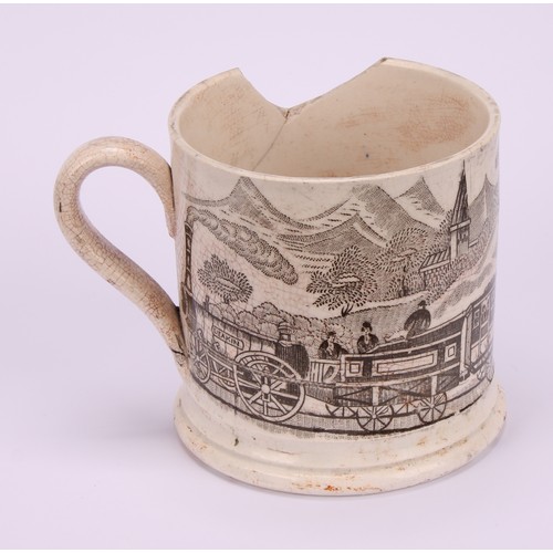 62 - Railway Interest - steam locomotives, a 19th century Staffordshire pearlware mug, printed in sepia t... 