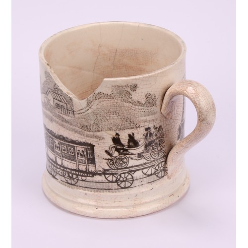 62 - Railway Interest - steam locomotives, a 19th century Staffordshire pearlware mug, printed in sepia t... 