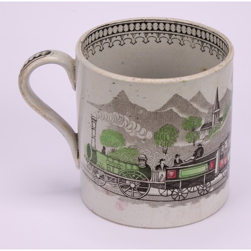 62 - Railway Interest - steam locomotives, a 19th century Staffordshire pearlware mug, printed in sepia t... 