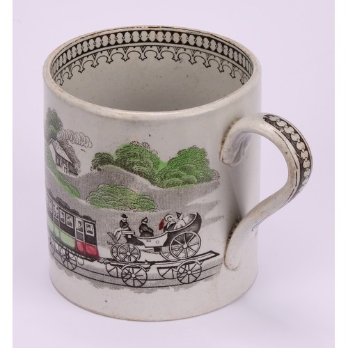 62 - Railway Interest - steam locomotives, a 19th century Staffordshire pearlware mug, printed in sepia t... 