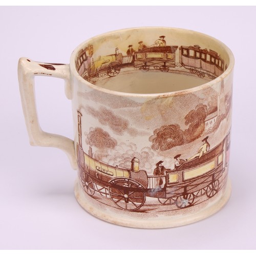 62 - Railway Interest - steam locomotives, a 19th century Staffordshire pearlware mug, printed in sepia t... 