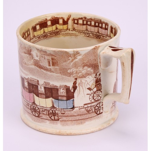 62 - Railway Interest - steam locomotives, a 19th century Staffordshire pearlware mug, printed in sepia t... 