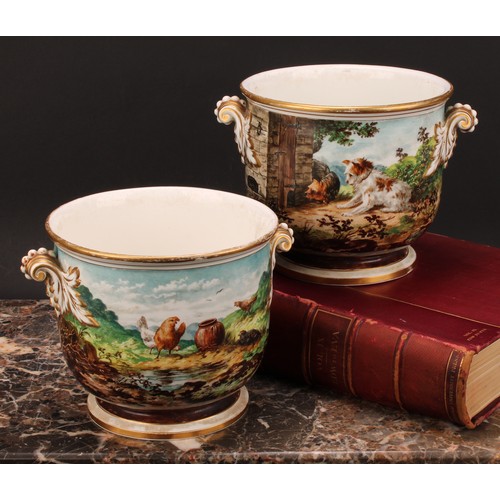 96 - An associated pair of 19th century English porcelain cache pots, Brown-Westhead, Moore & Co., painte... 