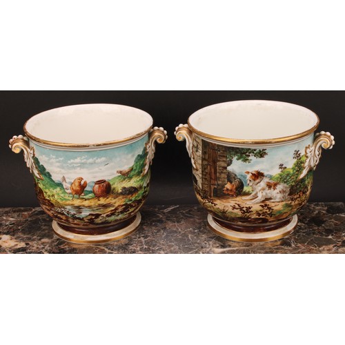 96 - An associated pair of 19th century English porcelain cache pots, Brown-Westhead, Moore & Co., painte... 