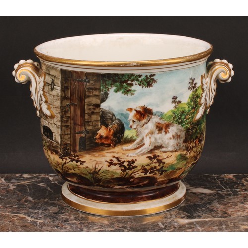 96 - An associated pair of 19th century English porcelain cache pots, Brown-Westhead, Moore & Co., painte... 