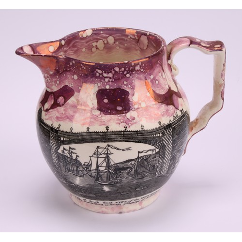 80 - A Gray's Pottery Sunderland lustre type jug, printed with the Sunderland Iron Bridge over the Wear, ... 