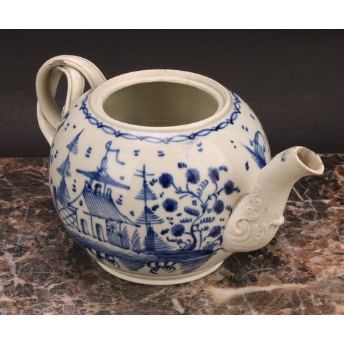 95 - An 18th century Staffordshire pearlware globular teapot, painted in underglaze blue with a chinoiser... 