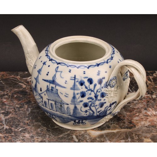 95 - An 18th century Staffordshire pearlware globular teapot, painted in underglaze blue with a chinoiser... 