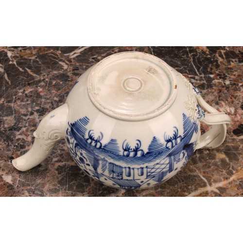 95 - An 18th century Staffordshire pearlware globular teapot, painted in underglaze blue with a chinoiser... 