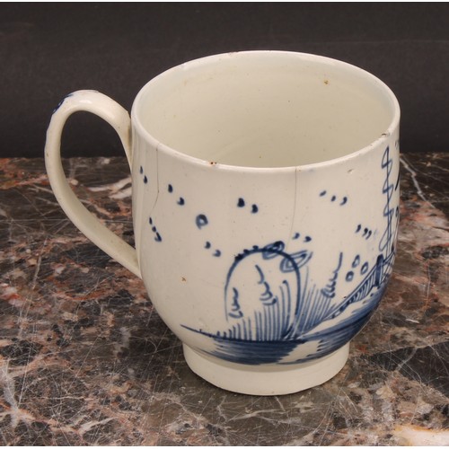 95 - An 18th century Staffordshire pearlware globular teapot, painted in underglaze blue with a chinoiser... 