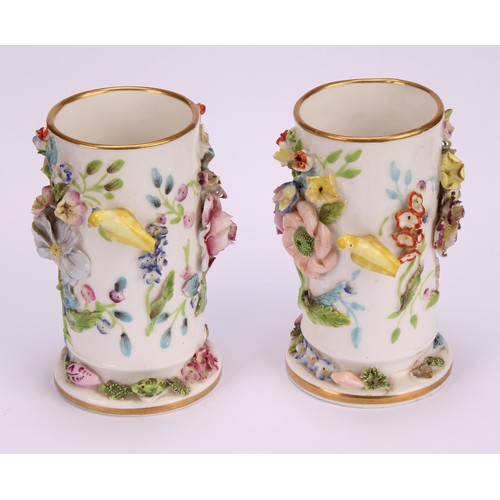 87 - A pair of rare Spode schneeballen style cylindrical vases, encrusted with birds and flowers, 10.5cm ... 