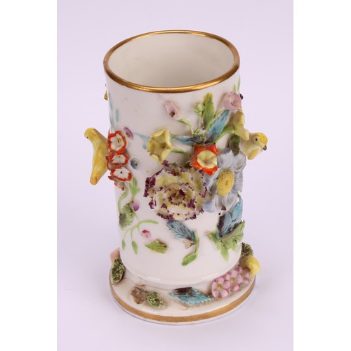 87 - A pair of rare Spode schneeballen style cylindrical vases, encrusted with birds and flowers, 10.5cm ... 