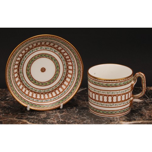 74 - A Champion's Bristol cabinet coffee can and saucer, of cylindrical shape, painted in Neo-classical s... 