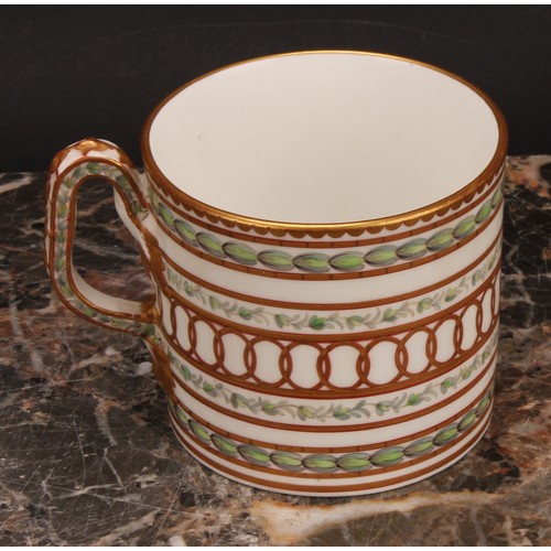 74 - A Champion's Bristol cabinet coffee can and saucer, of cylindrical shape, painted in Neo-classical s... 