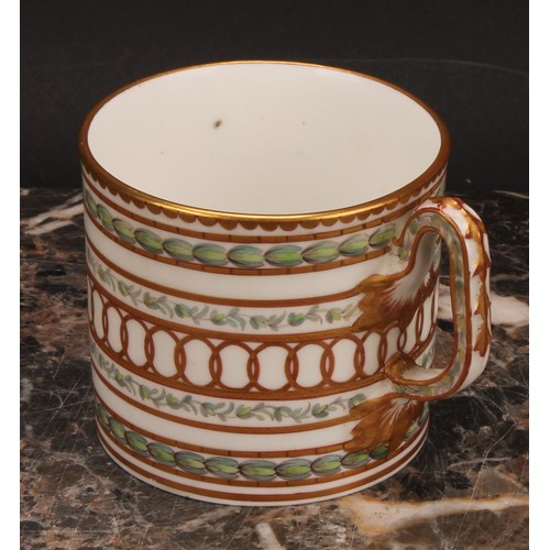 74 - A Champion's Bristol cabinet coffee can and saucer, of cylindrical shape, painted in Neo-classical s... 