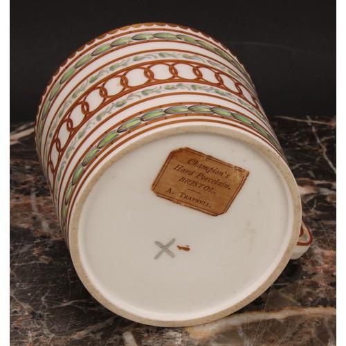 74 - A Champion's Bristol cabinet coffee can and saucer, of cylindrical shape, painted in Neo-classical s... 