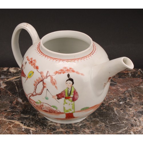 69 - A Bristol globular teapot, decorated in polychrome with Oriental figures, crowsfoot border, 10cm hig... 